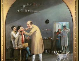 Nineteenth-century painting of a gentleman having his tooth pulled by a dentist. A dog barks in fright and two customers watch from the doorway