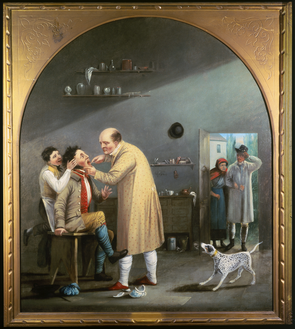 Nineteenth-century painting of a gentleman having his tooth pulled by a dentist. A dog barks in fright and two customers watch from the doorway
